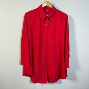 IC Collection Red Button Down Tunic Top Womens L 3/4 Sleeve Stretch Pockets